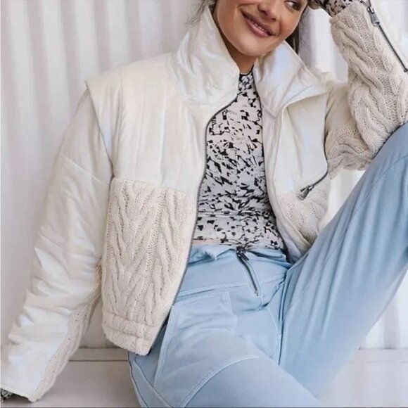 Free People Off White Cable Knit Puffer Jacket Zip up Size XL NWT $298 - Picture 2 of 7